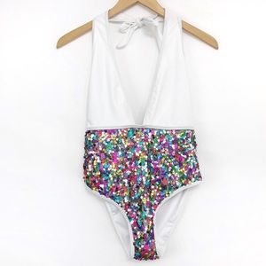 BOOHOO Sequin Panel Plunge One Piece White 8